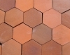 Hexagonal ceramic floor tiles in shades of brickred